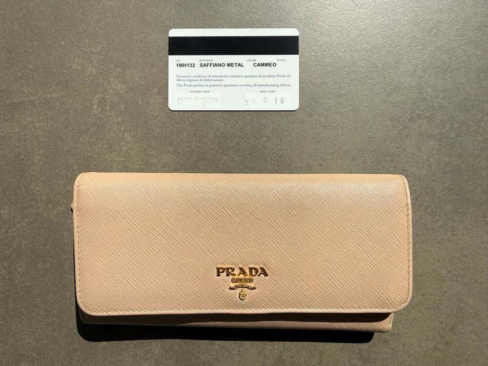 Prada Saffiano Metal Continental Wallet 1MH132 Cammeo Beige Leather Gold Logo Lo